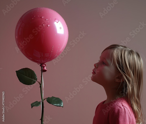 Nena seria vista lateral mirando una rosa con firma de globo no de flor, fondo beige oscuro, mirando con admiración, arte conceptual