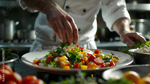 A close-up of a chef's hands preparing a delicious and colorful salad in a modern kitchen