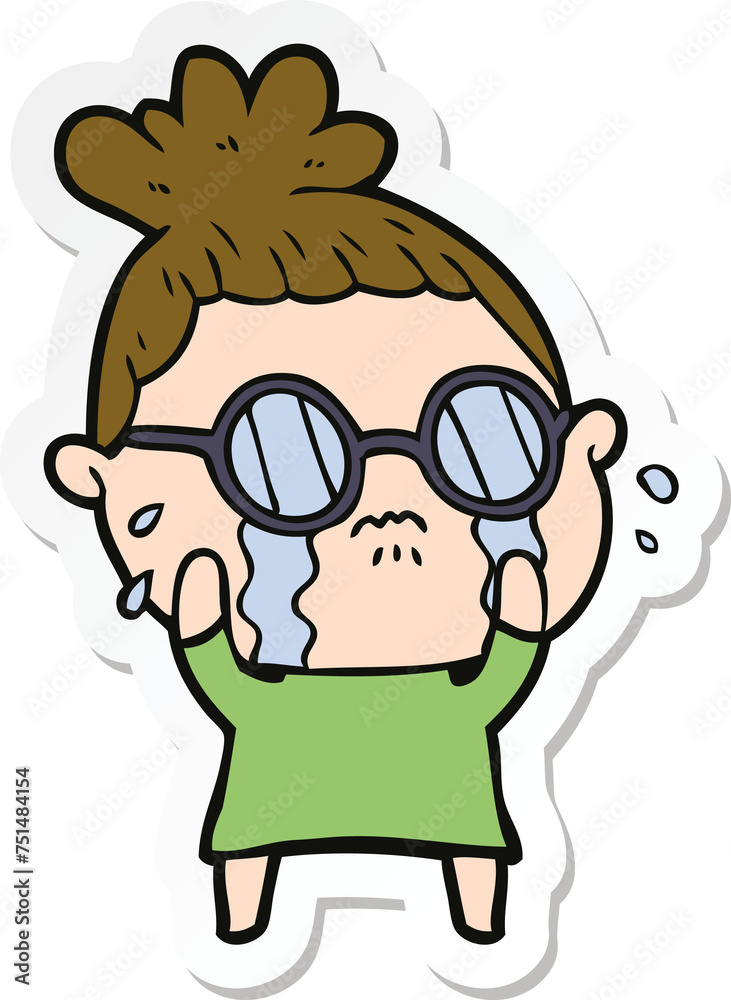sticker of a cartoon crying woman wearing spectacles