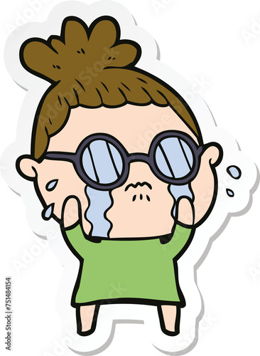 sticker of a cartoon crying woman wearing spectacles