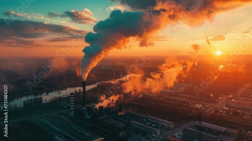 Aerial view of coal power plant high pipes with black smoke moving up polluting atmosphere at sunset.