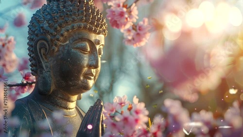 Scene of a Buddha statue with flowers in the background, animated virtual repeating seamless 4k	 photo