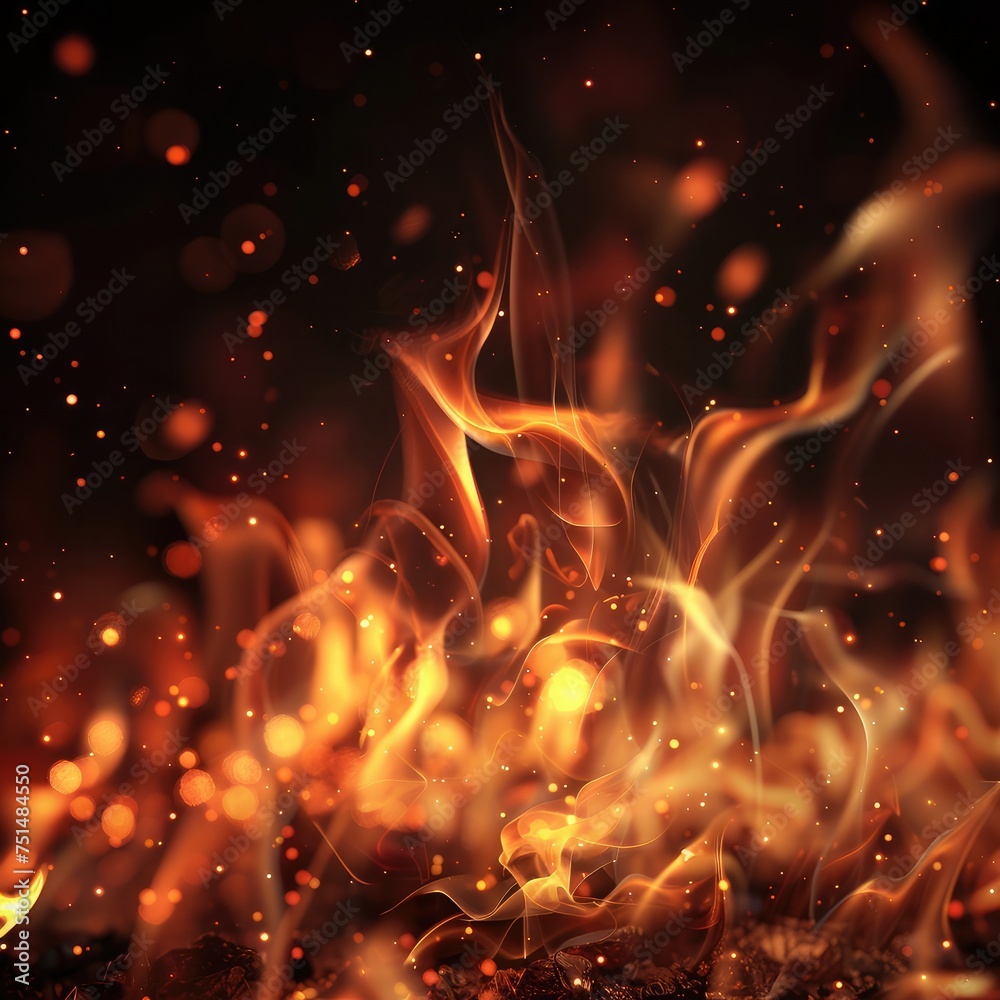 Bright flames rising and moving at dark nigh in blurred background