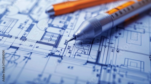 A close-up image of a pen and pencil lying on top of a blueprint. The blueprint shows architectural plans with dimensions and labels.
