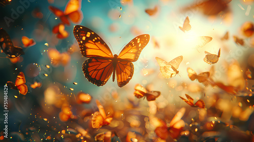 Abundant environment Thousands of wonder butterflies flying up towards the sky with Beautiful Lighting chaotic background © SOUHAIL