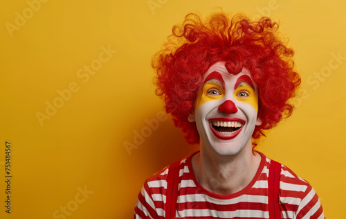 Portrait of a laughing clown with red hair and red nose on a yellow background