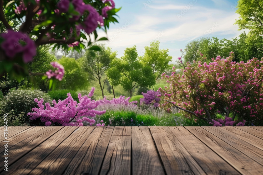 mockup wooden platform or table against the backdrop of a beautiful landscape, a blooming garden. mockup wooden platform or table against the backdrop of a beautiful landscape, a blooming garden.