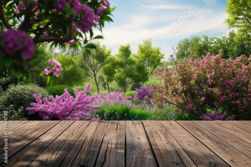 mockup wooden platform or table against the backdrop of a beautiful landscape, a blooming garden.