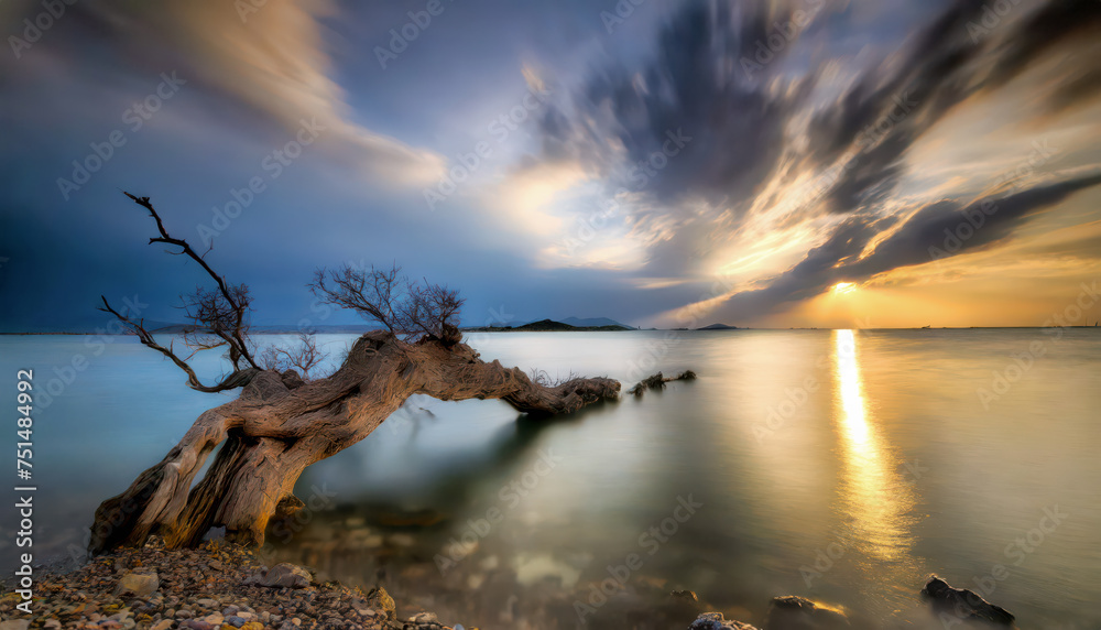Sonnenuntergang mit Altem Baum am Meer Sonnenuntergang mit Altem Baum am Meer