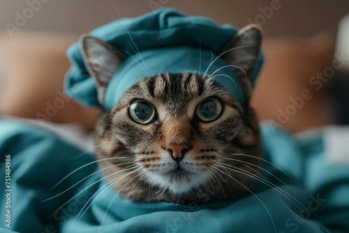 Portrait of a cat dressed in medical scrubs , Generative Ai