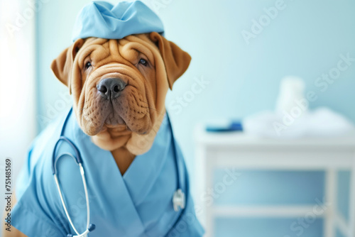 Portrait of a shar pei dog dressed in medical scrubs , Generative Ai photo