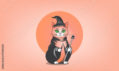 Vector graphic cute beautiful red cat sorceress in a hat and with a staff. Sticker or icon.