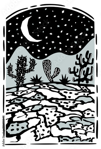 Brazilian cordel style. Night desert landscape with cacti. Woodcut illustration.
