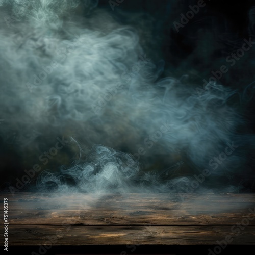 Fog In Darkness. Smoke And Mist On Wooden Table. Abstract And Defocused Halloween Backdrop.