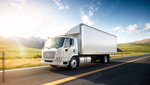 A large white box truck is on an asphalt road in the mountains There is green grass on either side of the road