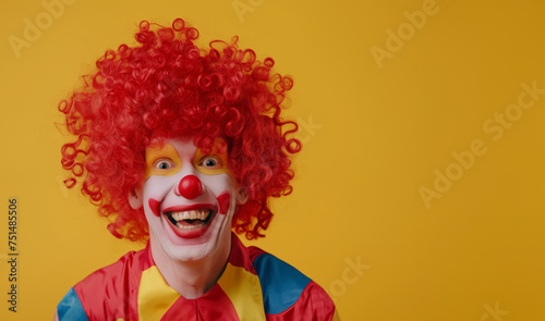 Portrait of a laughing clown with red hair and red nose on a yellow background