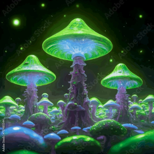 Hallucinogenic Sorcery Mushrooms. Sparkling Brilliant Neon Lights at the Woods