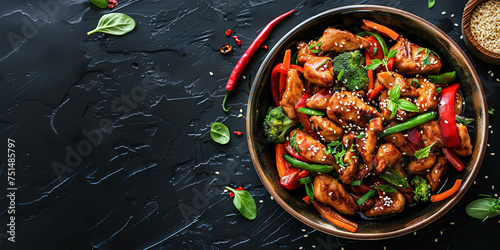 Asian cuisine stir fried chicken, paprika, mushrooms, chives with sesame seeds in frying pan. Black kitchen table background, top view. Image for cafe menu, Banner