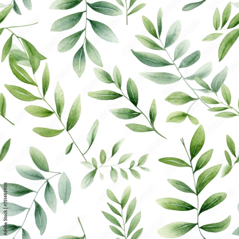 Seamless pattern of watercolor leaves on white background