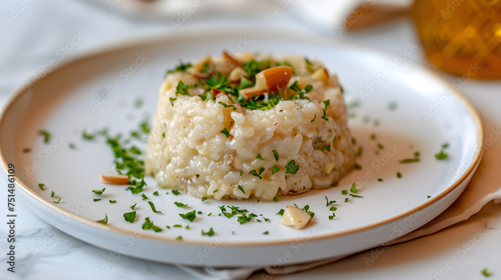 Creamy risotto on elegant white plate