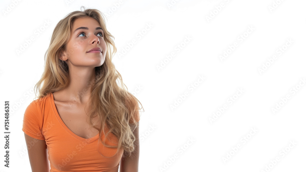 Blonde woman wearing orange ribbed v-neck t-shirt smile looking up Blonde woman wearing orange ribbed v-neck t-shirt smile looking up