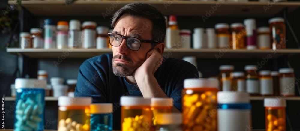 A man surrounded by a plethora of assorted medicine bottles on a cluttered table A man surrounded by a plethora of assorted medicine bottles on a cluttered table