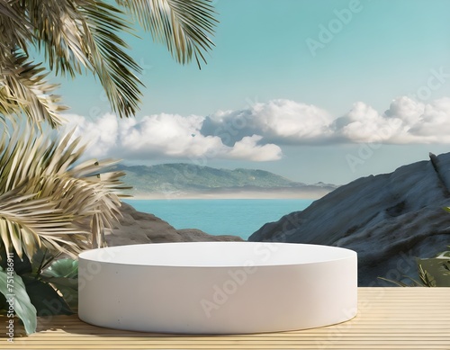 Empty space podium stage with white floor nature decoration and mountain ocean view 3d image render
