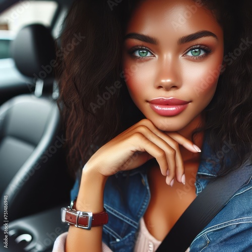 Close-up of a beautiful woman in a car