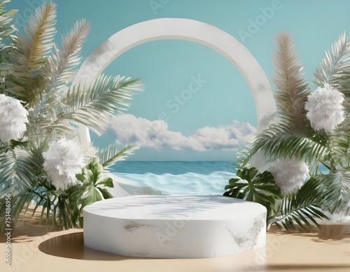 Empty space podium stage with white floor nature decoration and mountain ocean view 3d image render