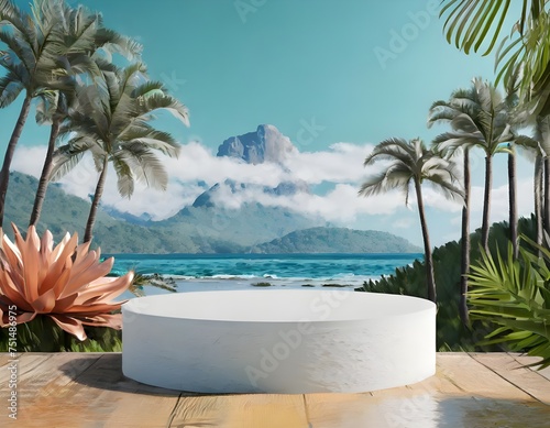 Empty space podium stage with white floor nature decoration and mountain ocean view 3d image render