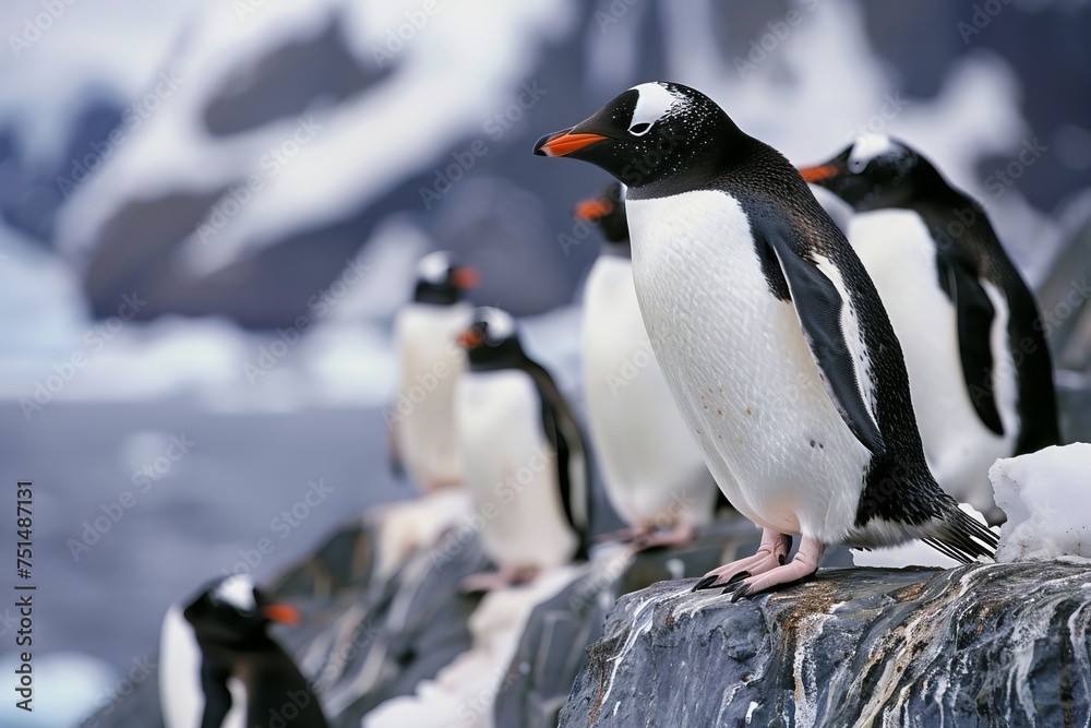 Fototapeta premium Antarctic Wildlife Focused Penguin Amidst the Group