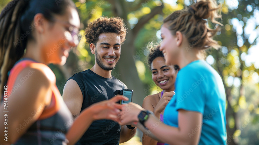 A group of friends comparing their fitness achievements on various wearable devices at a park, promoting a healthy and connected lifestyle, wearable technology, with copy space