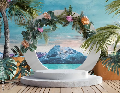 Empty space podium stage with white floor nature decoration and mountain ocean view 3d image render