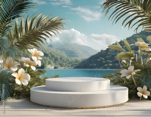 Empty space podium stage with white floor nature decoration and mountain ocean view 3d image render