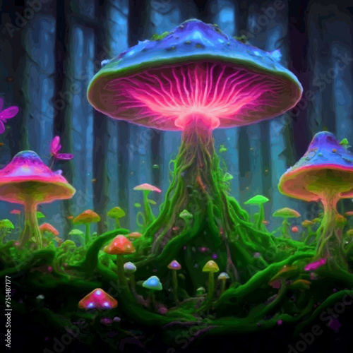 Hallucinogenic Sorcery Mushrooms. Sparkling Brilliant Neon Lights at the Woods