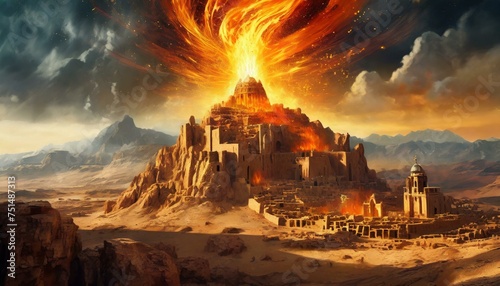 Sodom and Gomorrah Burning. Story in Genesis in the Bible. God Burns Sodom.