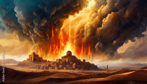 Sodom and Gomorrah Burning. Story in Genesis in the Bible. God Burns Sodom.