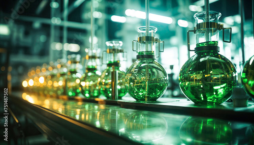 Close-up of a row of glass flasks with green liquid inside on a laboratory table