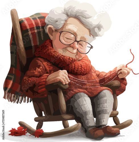 Old Woman Knitting in Rocking Chair vector illustration grandmother