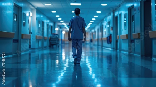 Hospital Orderly in Scrubs Walking Through Medical Corridor photo