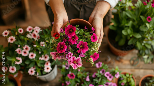 Girl is engaged in transplanting flowers, holding a pot with flowers in her hand, gardening