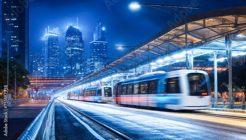 A modern tram passes through a city at night The city is in the background and is out of focus