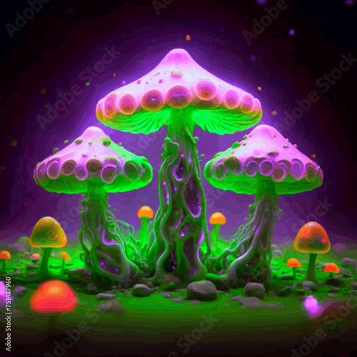 Hallucinogenic Sorcery Mushrooms. Sparkling Brilliant Neon Lights at the Woods