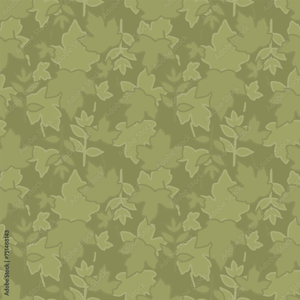 Abstract leaf seamless pattern. Leafy background. Forest. Vegetative botanic design. Simple drawing. Foliage. Plants pattern. Green tones. Monochrome. Warm, muted shades