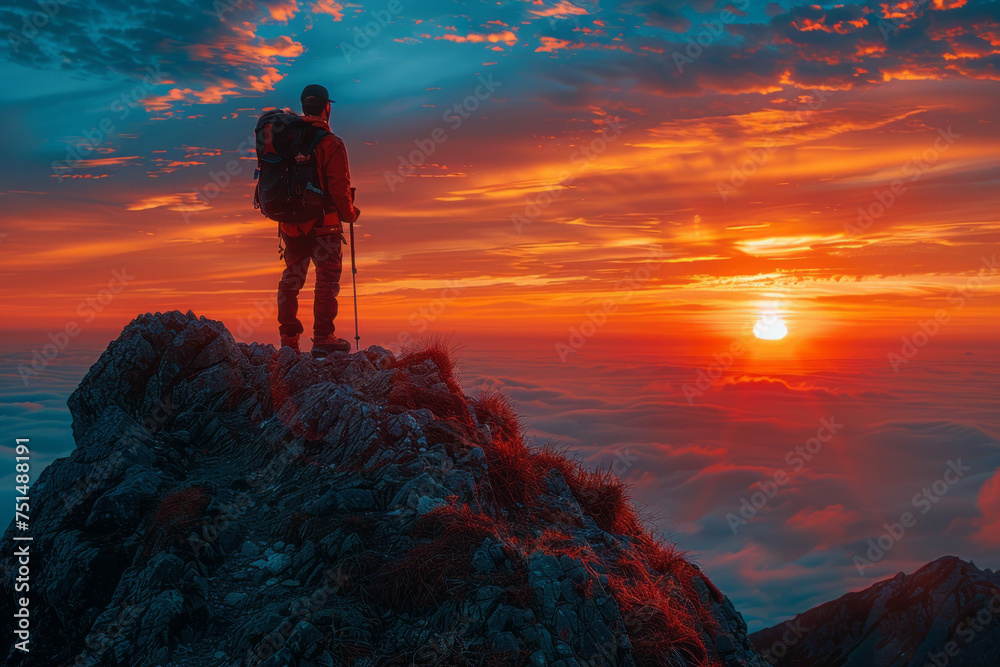 A man on top of a mountain with the sun setting behind him. Generative Ai