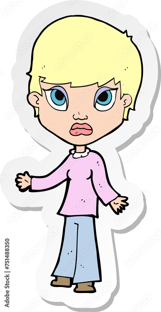 sticker of a cartoon woman shrugging shoulders sticker of a cartoon woman shrugging shoulders