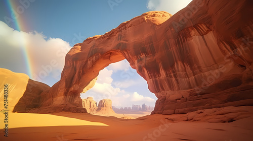 Surreal desert landscape decorated with massive, gravity-defying stone arches