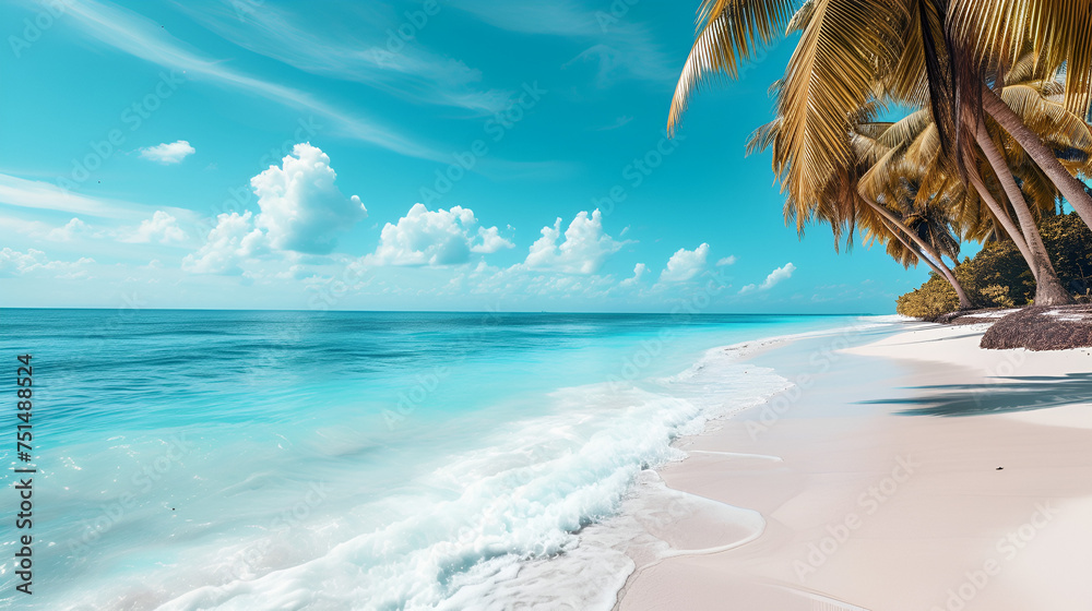An Inviting View of a Beautiful Tropical Beach with White Sandy Shoreline and Coconut Palm Trees. Generative Ai
