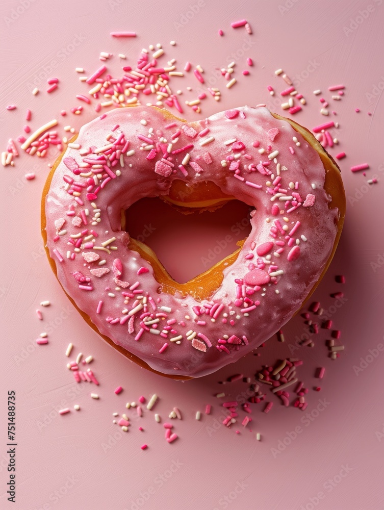 A beautifully presented heart-shaped pink donut, adorned with pink sprinkles and tiny hearts, set against a complementary pink surface
