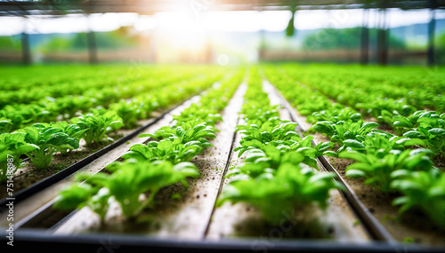 Rows of hydroponic lettuce growing in a greenhouse with sunlight shining through the roof photo